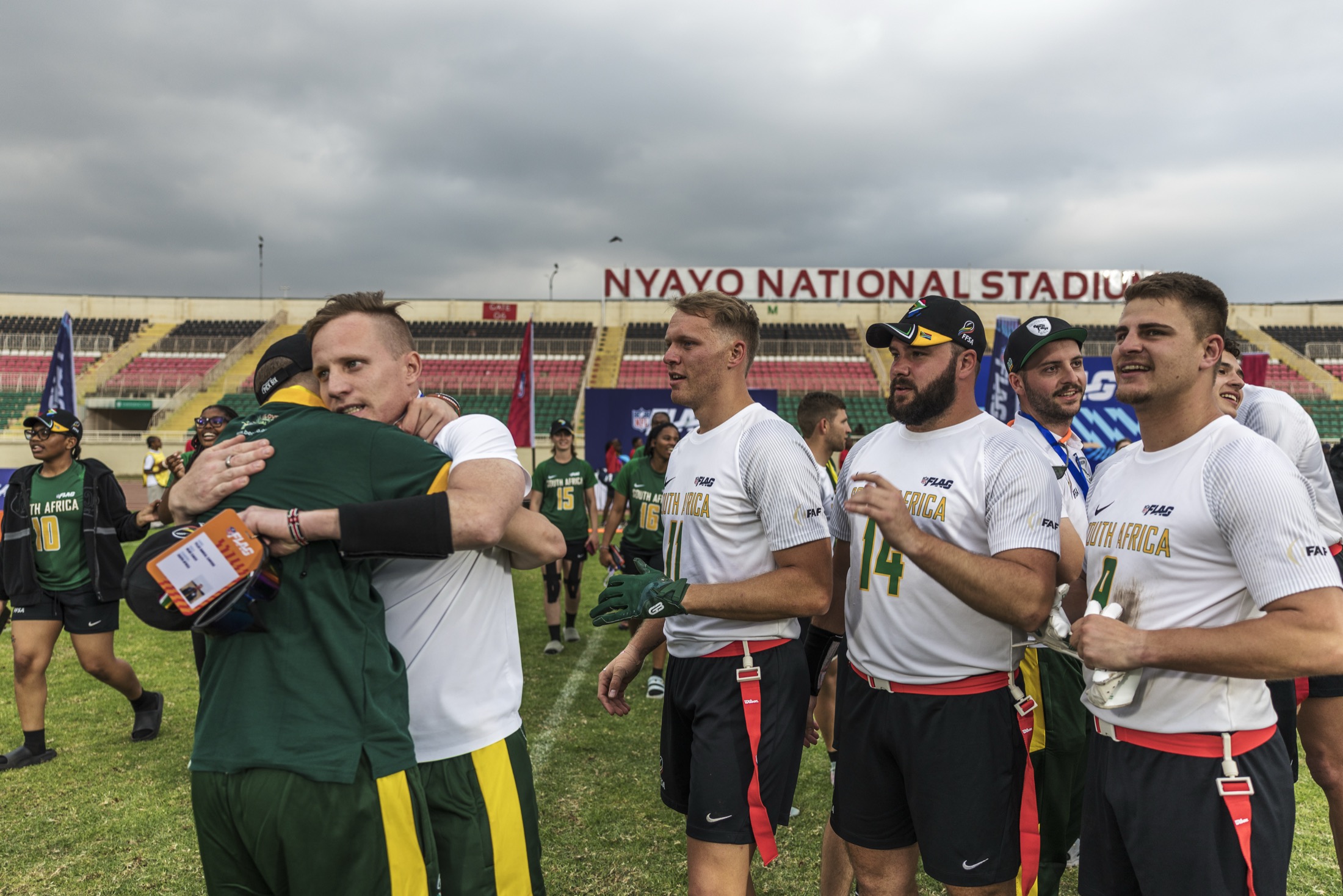 South African flag football players celebrating after a match